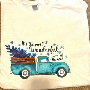 White Graphic Tee with Blue Truck Design
